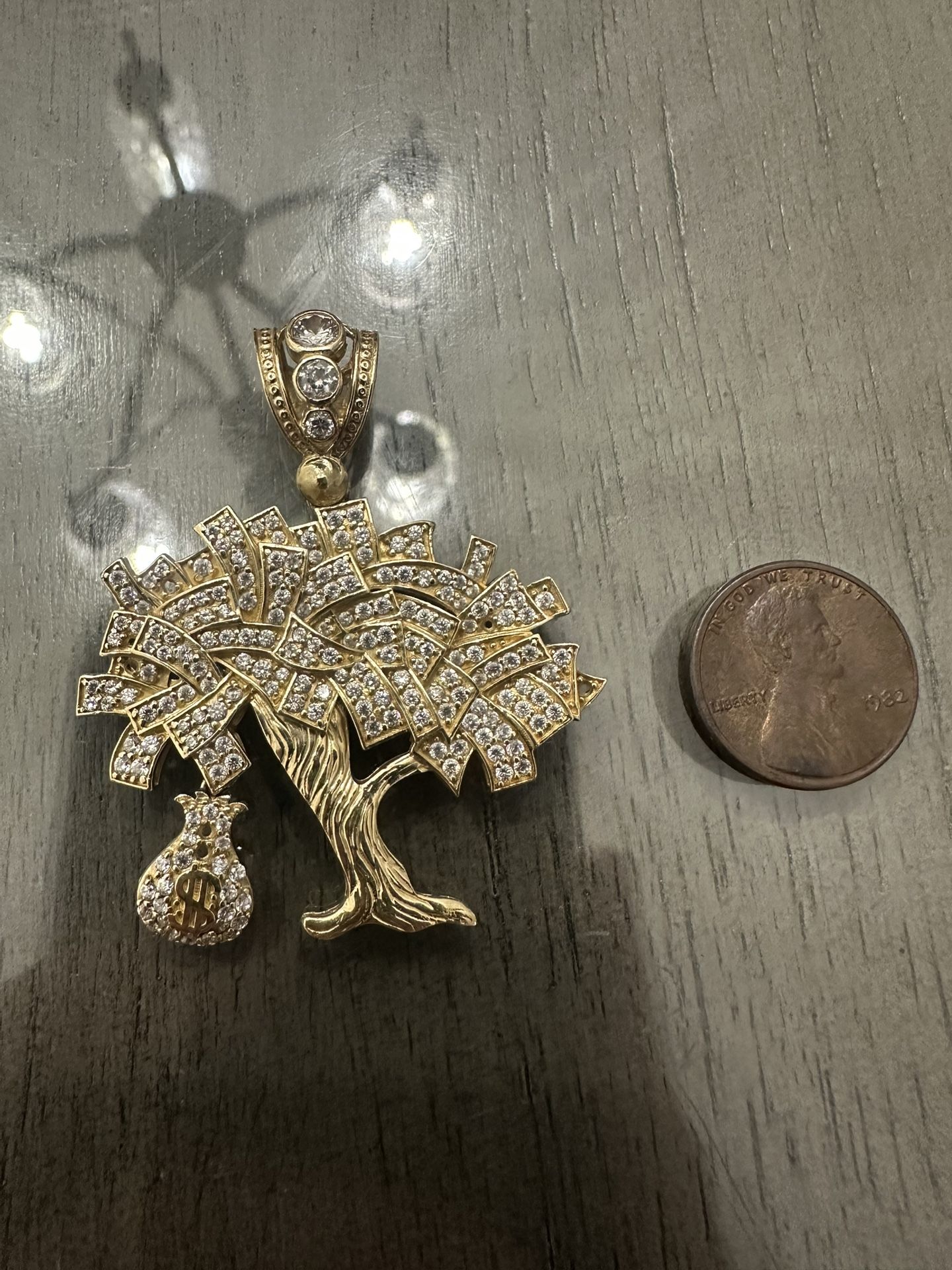Solid 10k Yellow Gold Iced Out Money Tree Pendant CZ 2”