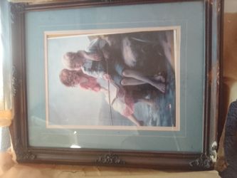 Boy and girl fishing at the lake vintage picture with frame  12x14