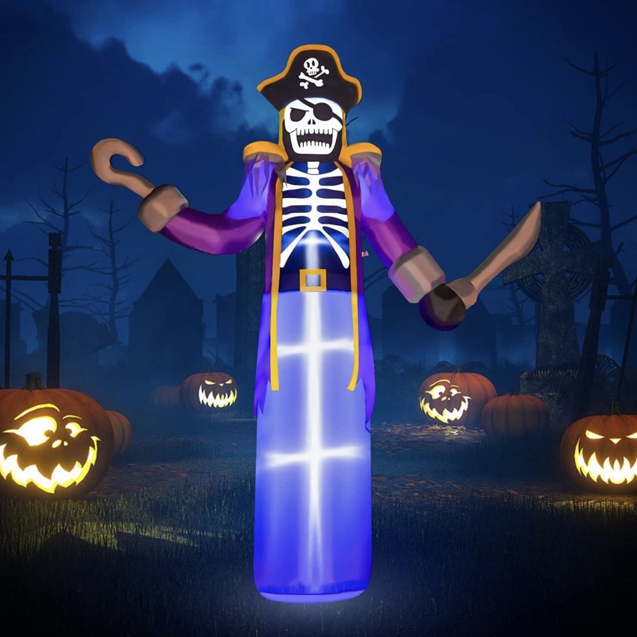 Rocinha 8ft Halloween Inflatables Pirate Ghost Skeleton Outdoor Indoor Yard Lawn Party Decoration,Quick Air Blow Up LED Lighted Halloween Yard Decorat
