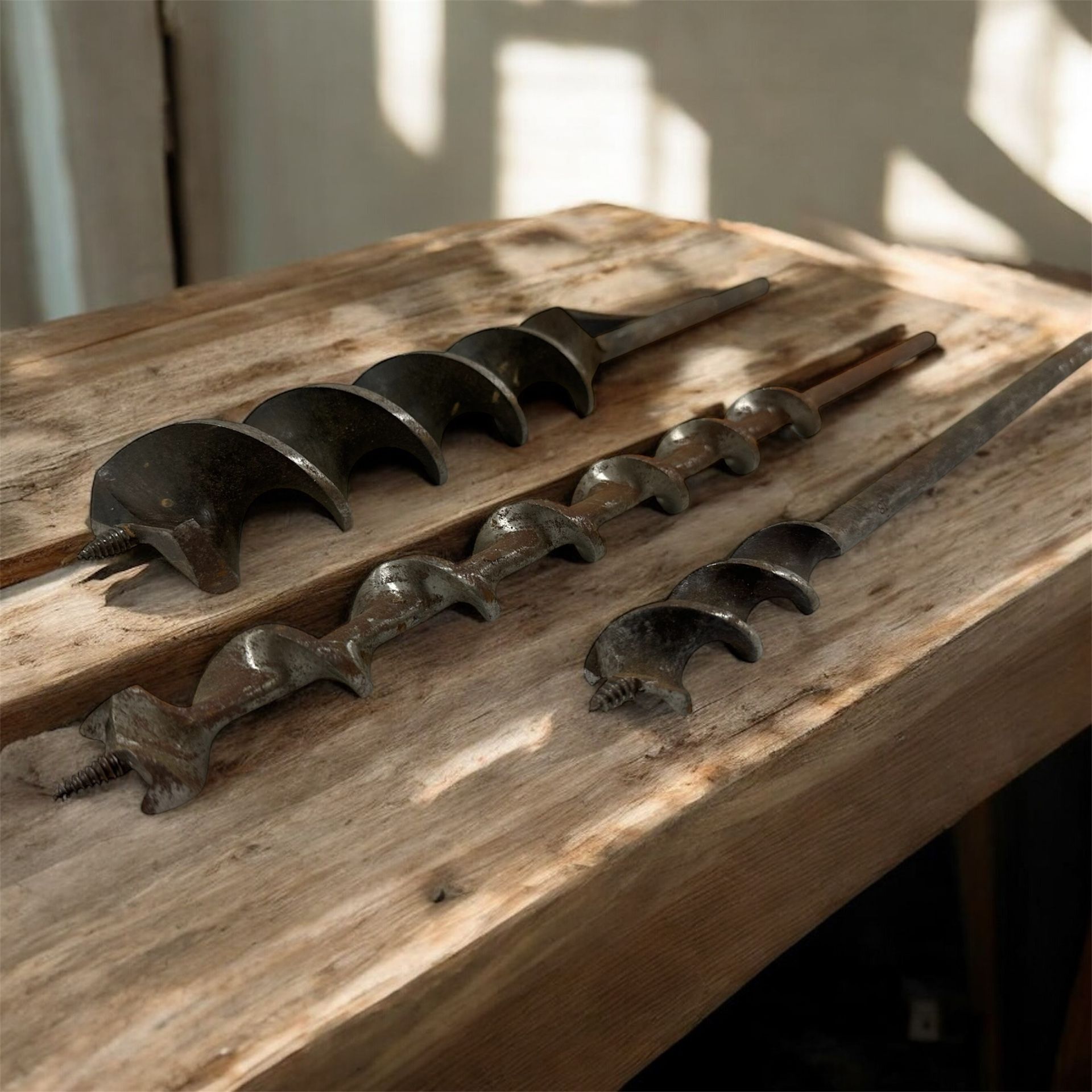 Antique IRWIN Auger Drill Bits Set 3 Vintage Hand Brace Woodworking Tools