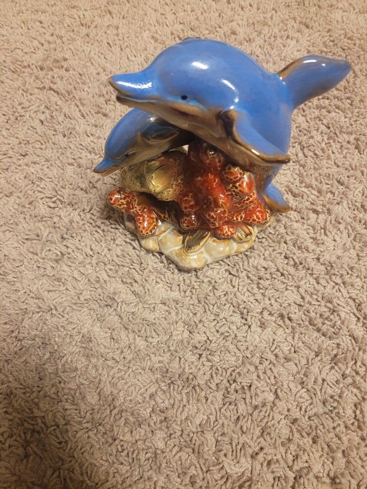 Two Blue Dolphins at Ocean Play Ceramic Figurine Mother and Child Porpoise Sea