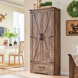   Farmhouse Kitchen Pantry, Kitchen Cupboard Storage Cabinets with 2 Barn Doors 