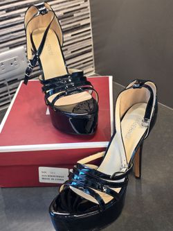 Women's Size 10.5 Platform Strappy Stiletto Style Heels Black Patent Leather