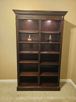 Dark Wood Double Bookcase with Built-In Lighting
