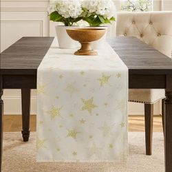 Fennco Styles Holiday Embroidered Metallic Star Table Runner 16" W x 90" W - Ivory Woven Table Cover for Home Décor, Banquet, Family Gathering, Christ