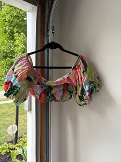 Multicolor Abstract Print Puff Sleeve Crop Top