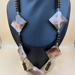 Vintage Polished Banded Agate Sterling Silver Beaded Necklace  21 1/2” Long Great Condition 