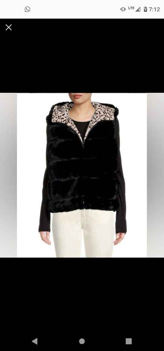 ADRIENNE LANDAU Reversible Faux Fur Hooded Vest Black / Animal $295