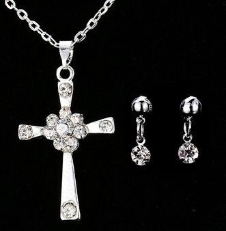 Classic Holy Faith Sterling Silver Clear Swarovski Element Crystal Cross Pendant Necklace Earrings Sets