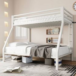 White Metal Bunk Bed Twin Over Full Size with Removable Durable Ladder