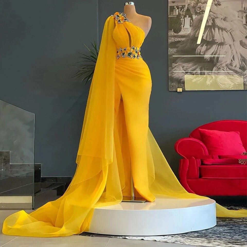 Custom - High Quality - Elegant Yellow Dress - One Shoulder, Long Evening Gown - Sizes 10 and 14 Available