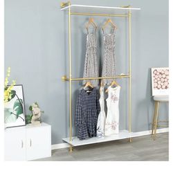 Modern Simple Industrial Pipe Double Hanging Rods Clothing Rack,Retail Display Wall Mounted Storage Clothes Hanging Shelf,2 Tier Wood Garment Rack (On