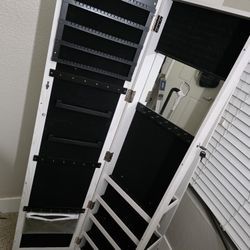Jewelry Armoire With Full Body Mirror Shelves And 360 Degree Rotation 