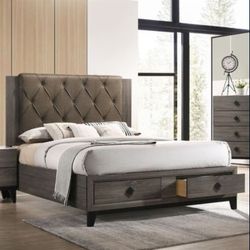 Brand New Rustic Gray Oak Platform Bed with an Upholstered Headboard and Storage Drawers
