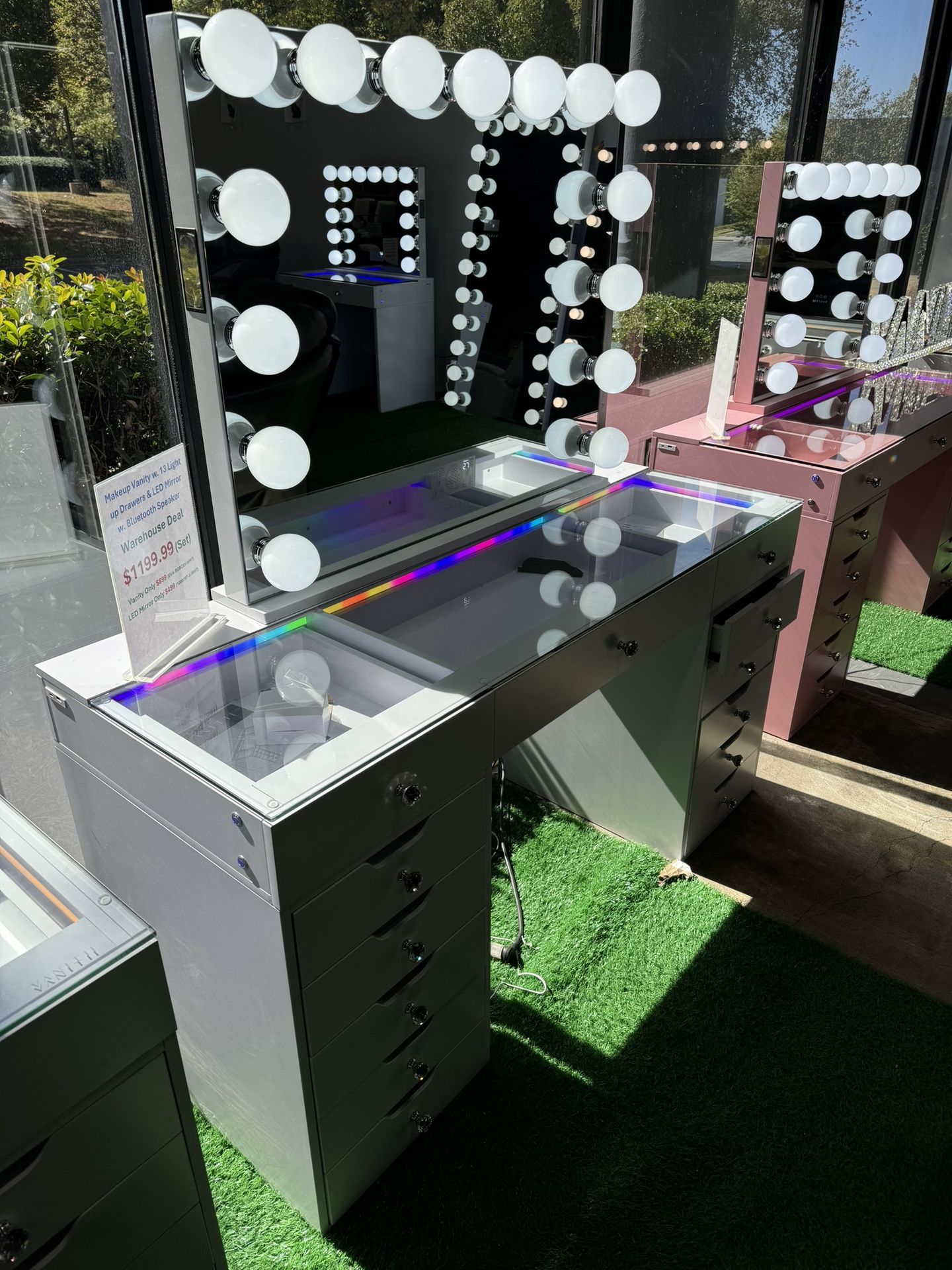 Premium Makeup Vanity with 13 Drawers and LED Mirror with Bluetooth Speaker