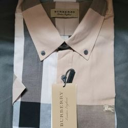 Burberry Classic Plaid Short Sleeve Button Down Shirt Tan Size Large