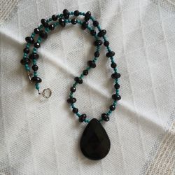 Onyx Pendant & Faceted Onyx Beads & Round Turquoise Bead Necklace
