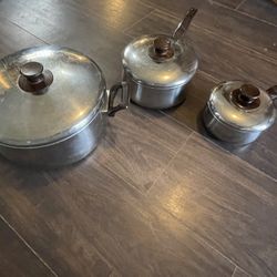 Vtg Set of 3 PCs Sears Range Craft Saucepans Stainless Faux Wood 1QT 2qt 5qt