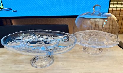Cut Crystal Oval Platter & Cake Stand - vintage serving glassware