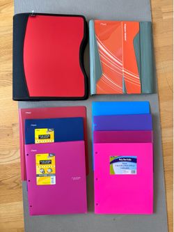 Brand New Total of 9 assorted colors of three 3-Rings Binders and Six 2 -Pocket Plastic  Folders.  Never been used. Pick up in Torrance only.