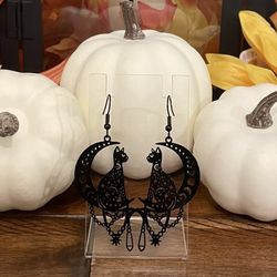 Halloween Earrings - Black Cat Moon Witch