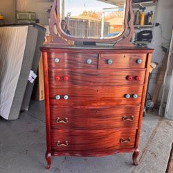 Vintage Tall Dresser With 6 Drawers And Mirror
