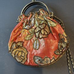 Vintage Orange Beaded Floral Evening Bag Satin Clutch Brass Frame Chain Strap