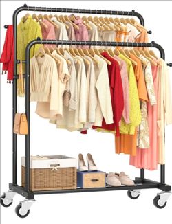 Laiensia Double Rods Garment Rack with Wheels, Clothing Rack for Hanging Clothes,4 Hooks, Multi-functional Bedroom Clothes Rack, Black