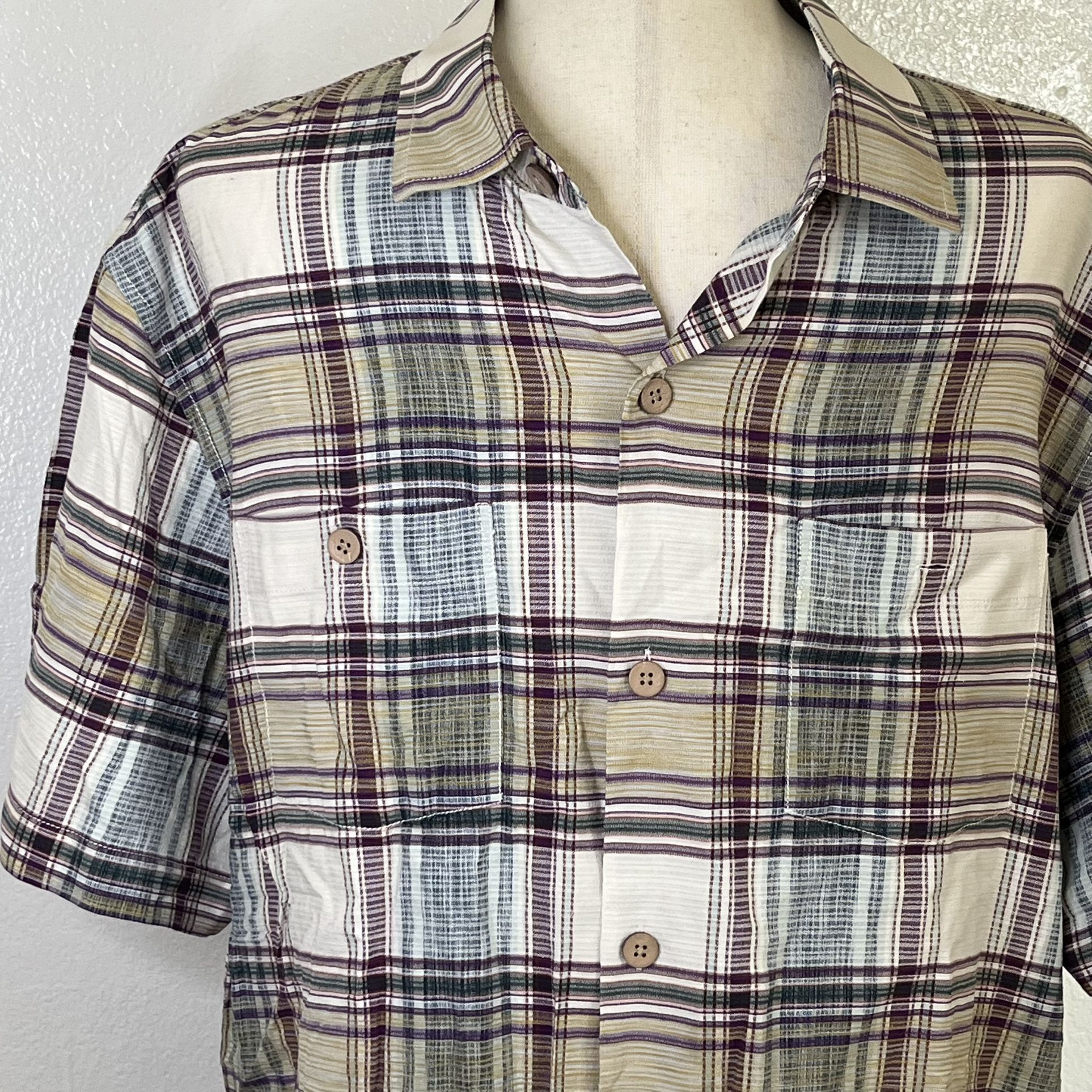 Tommy Bahama Silk Plaid Shirt Mens Size Large Short Sleeve Button Up Maroon Plaid
