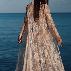 Women's Floral Crochet Lace Beach Swimsuit Cover Ups Long Vintage Kimono Cardigan lace Cover up Jacket