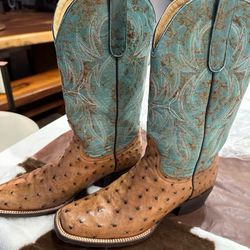 Woman’s western leather boots  “Ostrich” torqupise blue with tan. “ Cavenders” Semi new only worn 2 xs  size 8 $100 ❤️