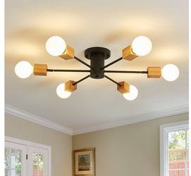 Semi Flush Mount Wood Ceiling Light Fixture 6-Lights Rustic Wooden Sputnik Chandelier Farmhouse