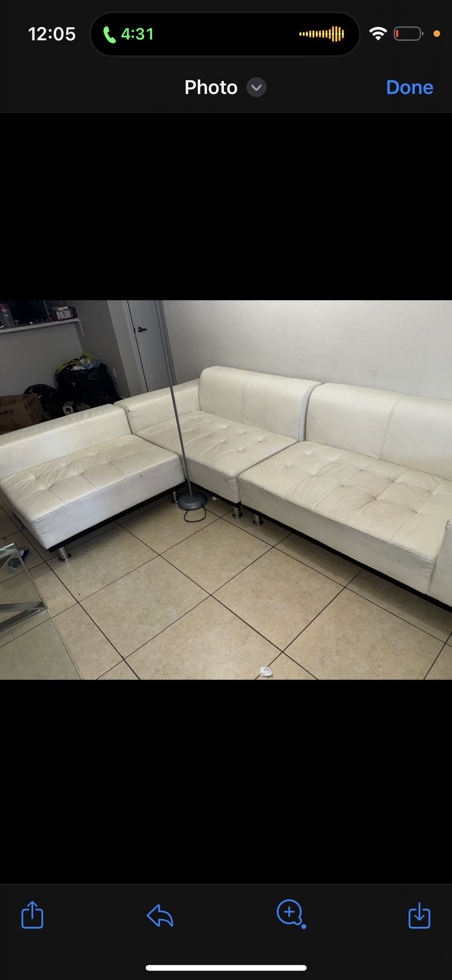 White leather 3 Piece Sectional with 1 end and coffee table