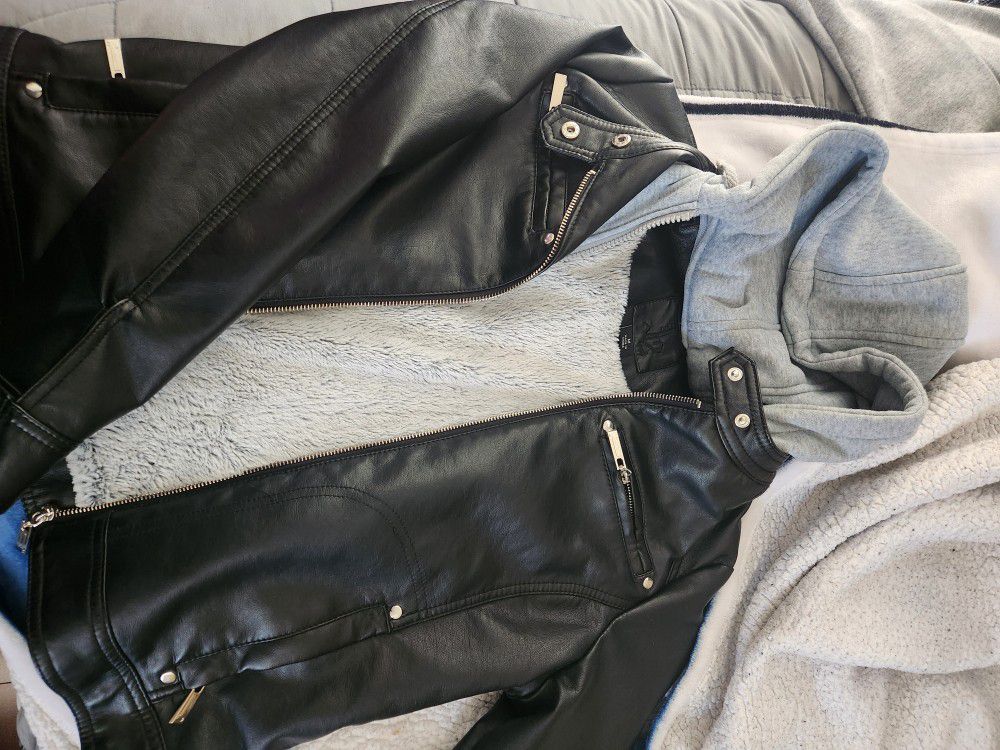 Black Leather Jacket With Grey Hood And Sherpa 