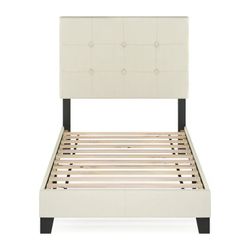 Furinno Laval Linen Twin Button Tufted Bed Frame