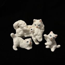 Vintage Miniature Bone China White Cat With Kittens (3 Pieces)