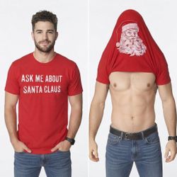 New 'Crazy Dog' Men's Novelty Gag Crew T-shirt: Ask Me About Santa Claus Flip-Up Tee, Red, M