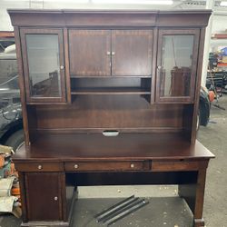 2 Piece Solid Wood Desk With Hutch And Glass Shelves.