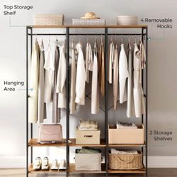 Clothes Rack, Iron and Wood Wardrobe Closet Organizer, Heavy Duty Garment Rack with Hanging Rods, Closet Shelves, Removable Hooks, 15.7 x 