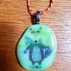 Christmas fused glass pendant fox in sweater 