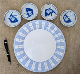 Set of 4 asian chinese vietnamese fish print porcelain small dipping sauce dishes plates