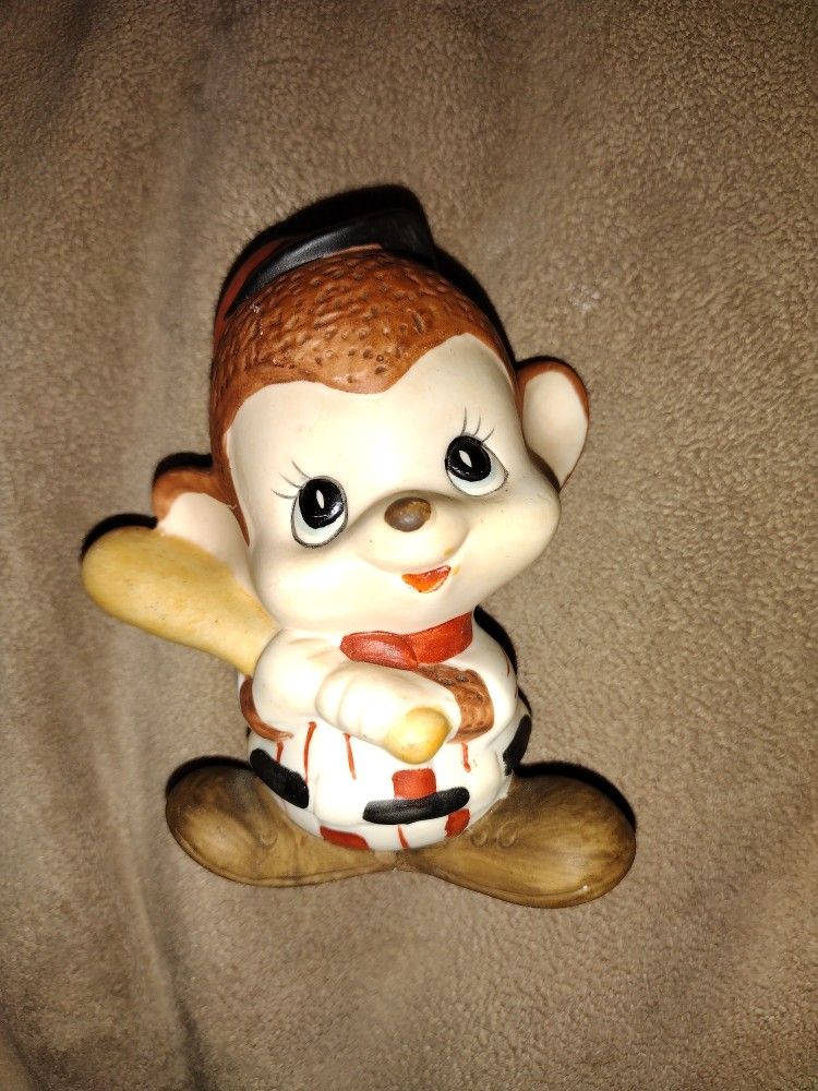Small Vintage Handpainted Monkey in Baseball Outfit Holding Bat. Cute big eyed