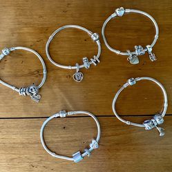 Pandora sterling silver bracelets and charms lot of 5
