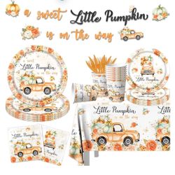 Little Pumpkin Baby Shower Party Decorations Tableware,A Little Sweet Pumpkin is On The Way Floral Truck Disposable Banner,Tablecloth,Plates,Napkins f