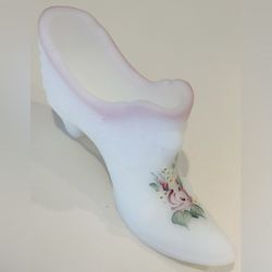 FENTON Fine Art Satin Glass Shoe Slipper Boot Figurine Orig Vintage CABBAGE ROSE Antique Collectible Pink Ruffled Rim