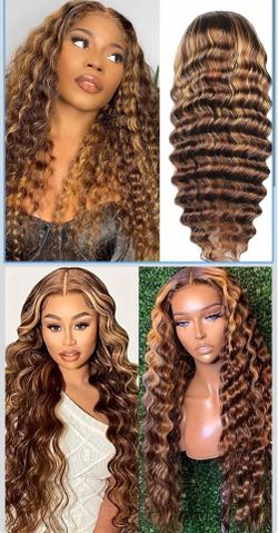 🔥Brand new 🔥 Ombre Deep Wave Lace human hair Front Wigs Pre Plucked Glueless 13x4 Hd Lace Front Wigs Human Hair 4/27 Honey Blonde Lace Frontal Wig 2