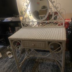 Vintage Wicker Vanity With Mirror  Rattan 