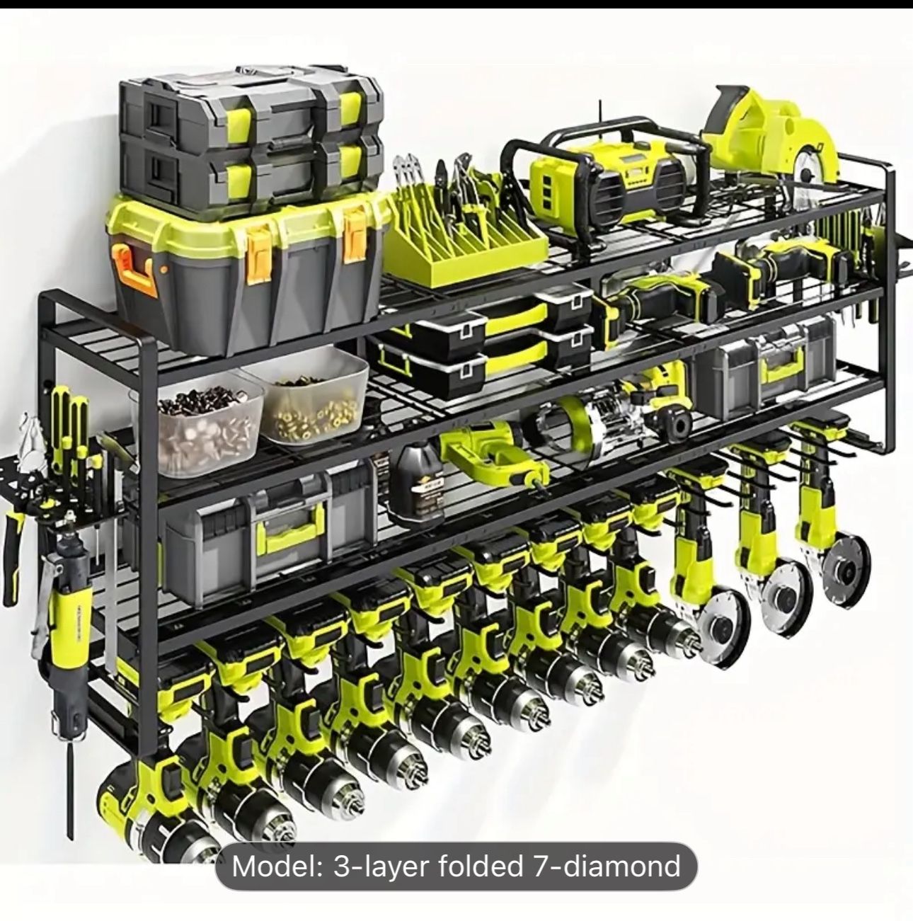 Heavy-Duty Metal Workshop Organizer - 3-Tier Wall-Mounted Tool Rack with Drill Bit Holder, Floating Shelves - Space-Saving Garage Storage Shelf - Powd