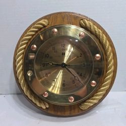 Vintage Bey-Berk Nautical Brass Wall Clock Maritime Porthole Design Wood Base
