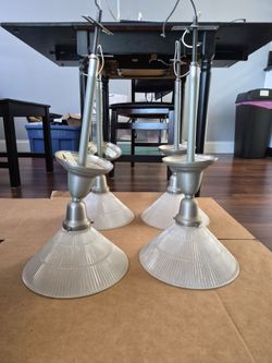 Set of 4 Vintage Rejuvenation Brushed Nickle Pendant Lights with Glass Shades